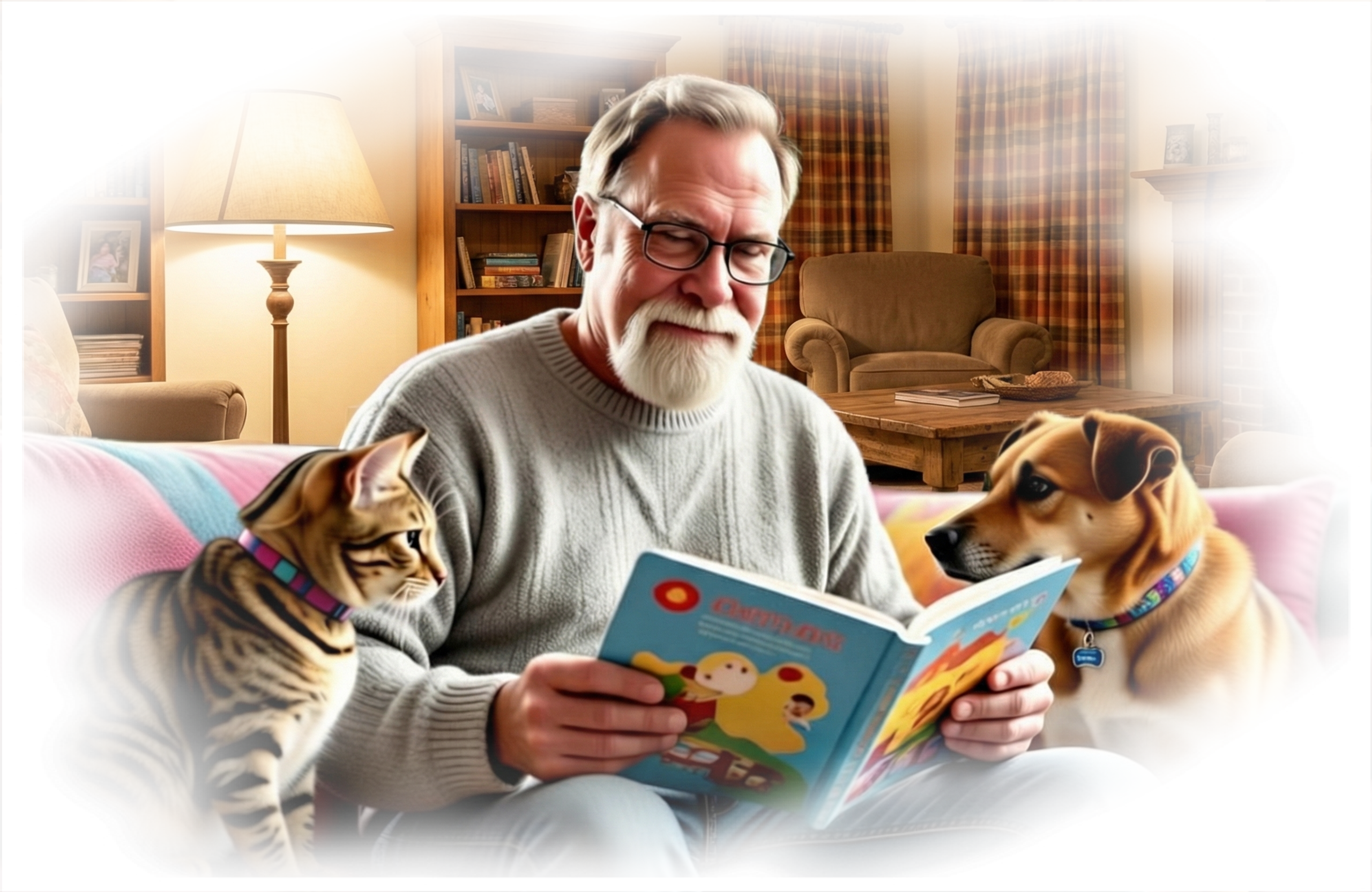 Philip Allen Harris reading a story to a cat and a dog